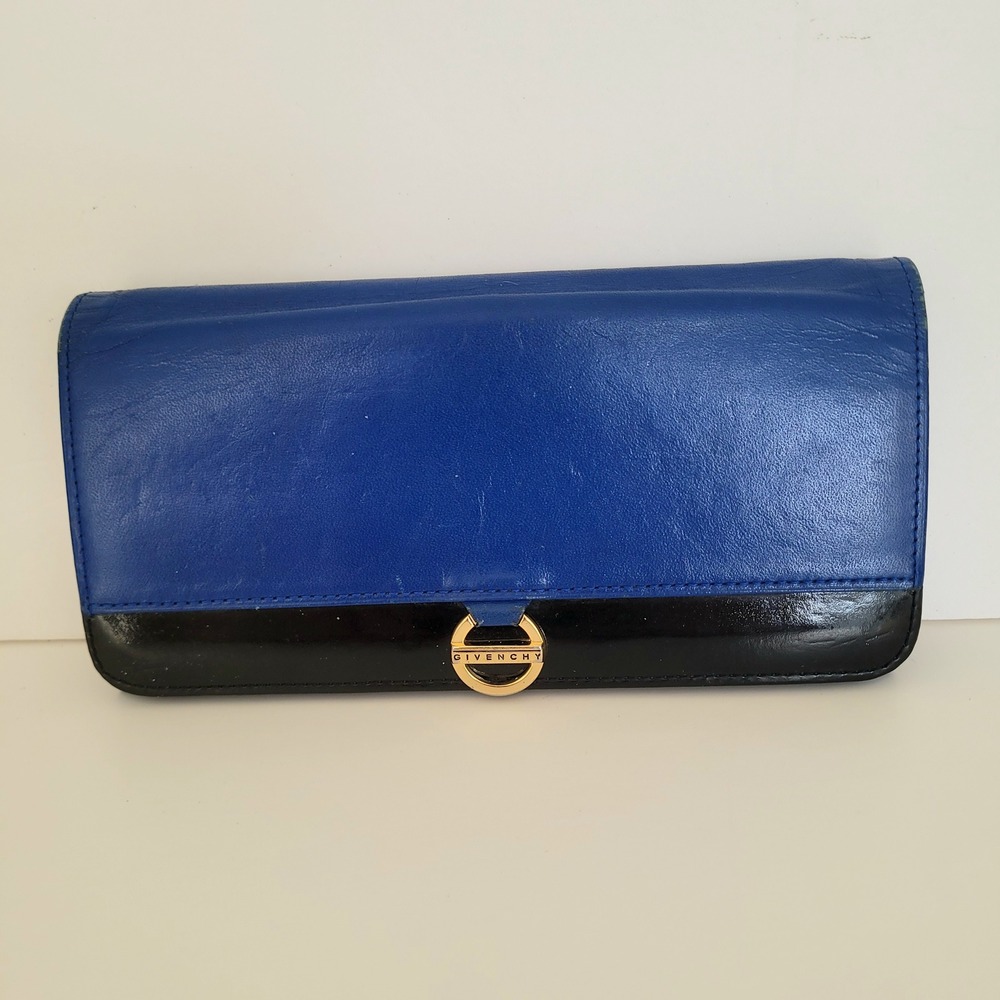 Vintage Givenchy Long Wallet Blue Black Leather Kiss Lock Gold Logo Clasp‎